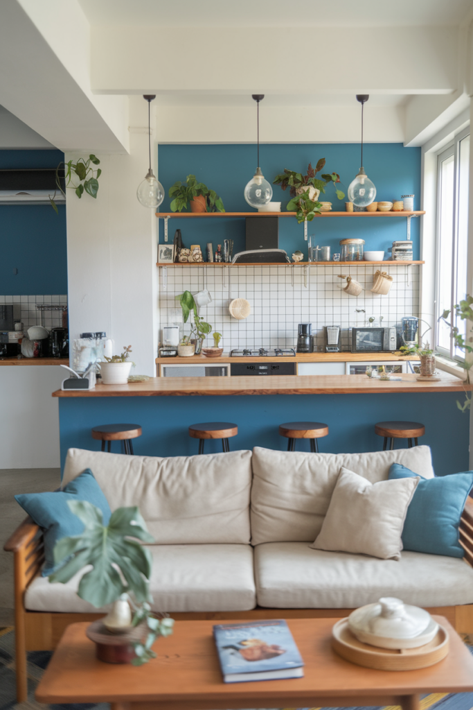 A cozy living room with a beige sofa, wooden coffee table, and a blue-accented kitchen. Hanging lights and plants decorate the space, with bar stools at the kitchen counter.