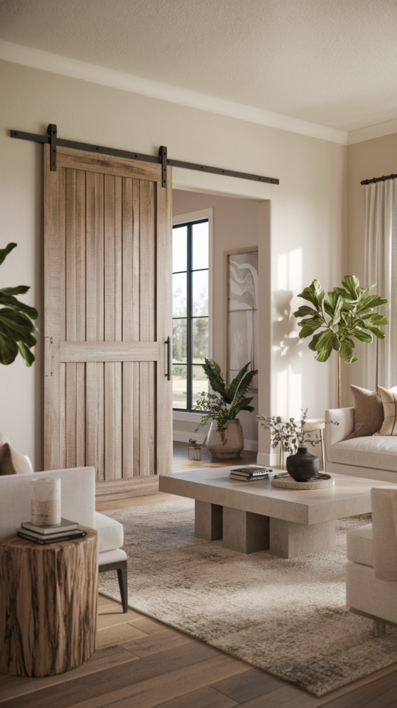 A cozy living room with a wooden sliding door, neutral furnishings, a coffee table, potted plants, and a window letting in natural light.