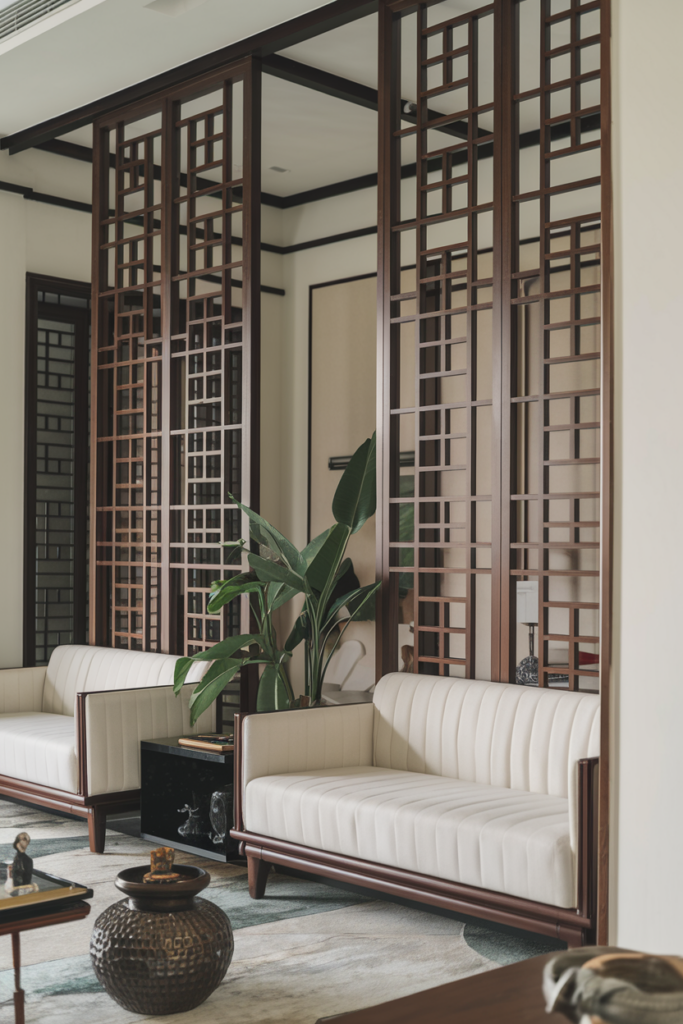 A modern living room with two white sofas, a decorative partition with wooden lattice design, a green plant, and a small round coffee table.