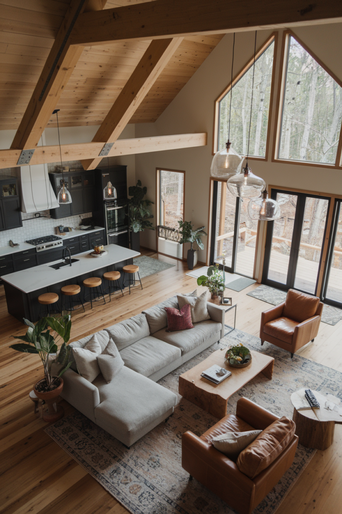 A modern open-plan living room with high ceilings, wooden beams, large windows, a gray sectional sofa, leather chairs, a kitchen area with an island, and indoor plants.