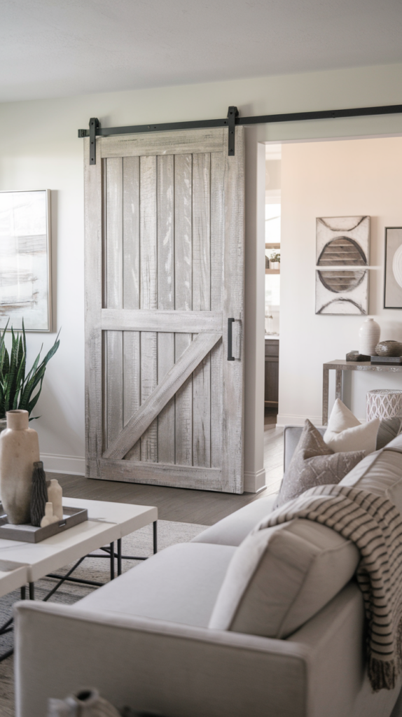 Contemporary living room with a light gray sofa, a sliding barn door, minimalist decor, and neutral tones.