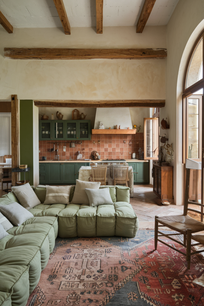 Cozy living area with a green sectional sofa, patterned rug, and wooden beams. In the background, a kitchen with green cabinets, terracotta tiles, and a large arched window.