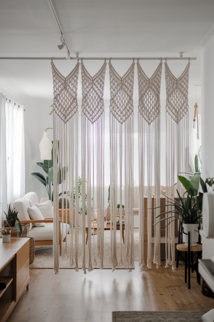 Macrame hanging in a bright, modern living room with wooden furniture, plants, and natural light filtering through windows.