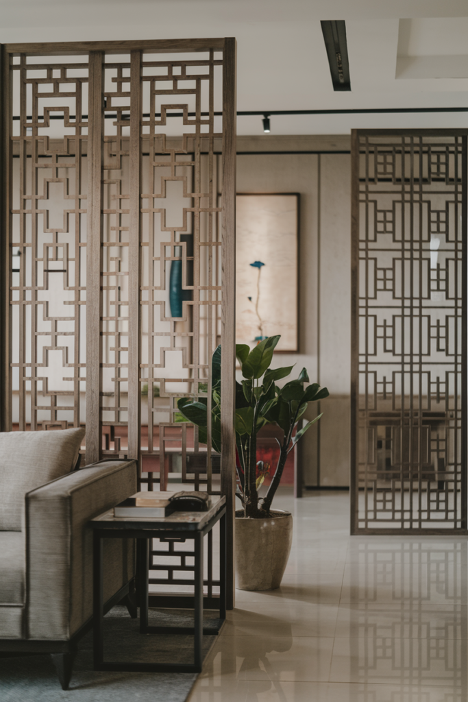 Modern interior with wooden lattice partitions, a potted plant, and a couch. A wall art piece is visible in the background.