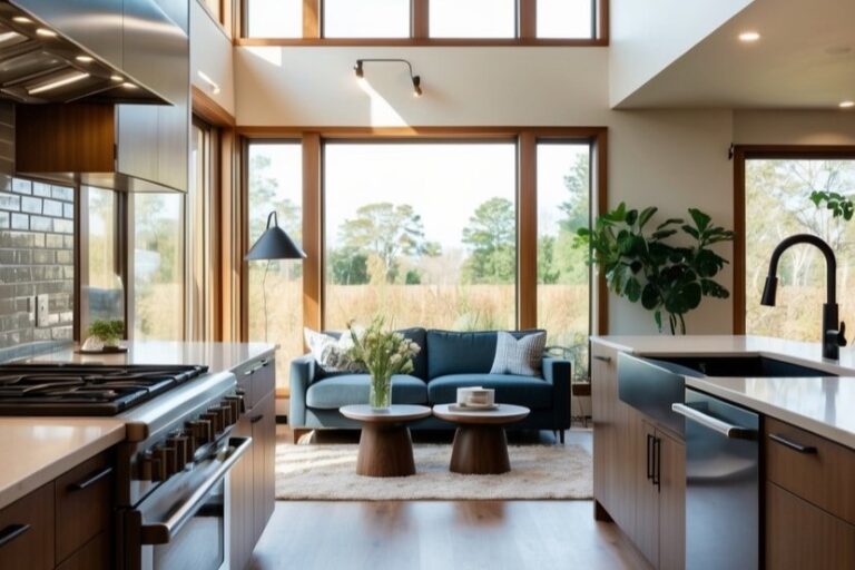 Modern kitchen and living room with large windows, wooden cabinets, and a blue sofa. Indoor plants and central tables add decor. Bright natural light fills the space.