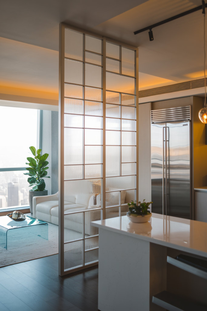 Modern kitchen with a white island, adjacent living area with a sofa, a large window view, a potted plant, and stainless steel fridge. Partition with a glass and wood design separates spaces.