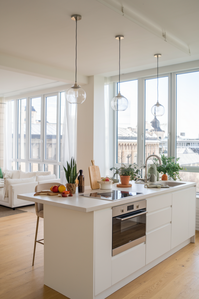 Modern kitchen with a white island countertop, built-in oven, and three pendant lights. Decor includes a wooden cutting board, plants, and fruits. Bright living room with large windows in the background.