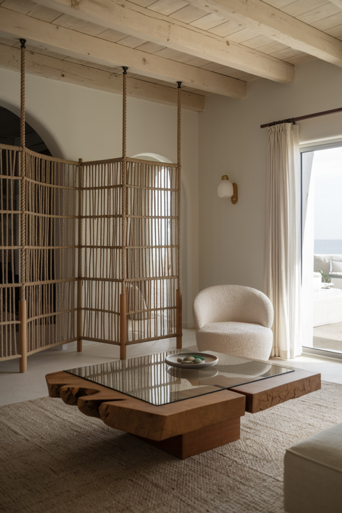 Modern living room featuring a wooden coffee table with a glass top, a beige armchair, a woven room divider, and a large window with a view outside.