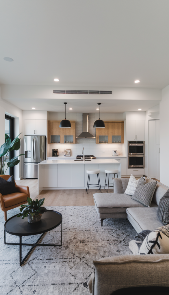 Modern living room with a gray sectional sofa and round coffee table, open to a kitchen featuring white cabinets, stainless steel appliances, and two black pendant lights over a central island.