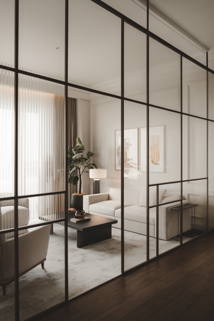 Modern living room with glass partition, white sofa, armchairs, coffee table, potted plant, and framed artwork. Neutral color palette with natural light from a window.