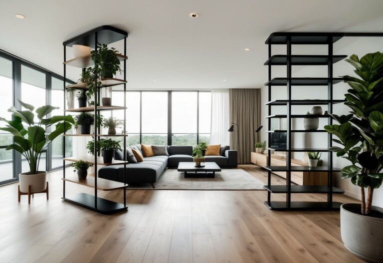 Modern living room with large windows, light wood flooring, dark sectional sofa, and open shelving. Indoor plants and neutral decor create a spacious, airy atmosphere.