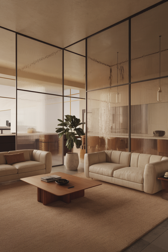 Modern living room with two cream sofas, a wooden coffee table, large potted plant, and textured glass partition. Minimalist and neutral decor.