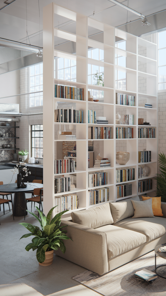 Modern loft interior with a large beige sofa, floor plant, and tall white bookshelves filled with books, separating the living area from the kitchen and dining space in the background.