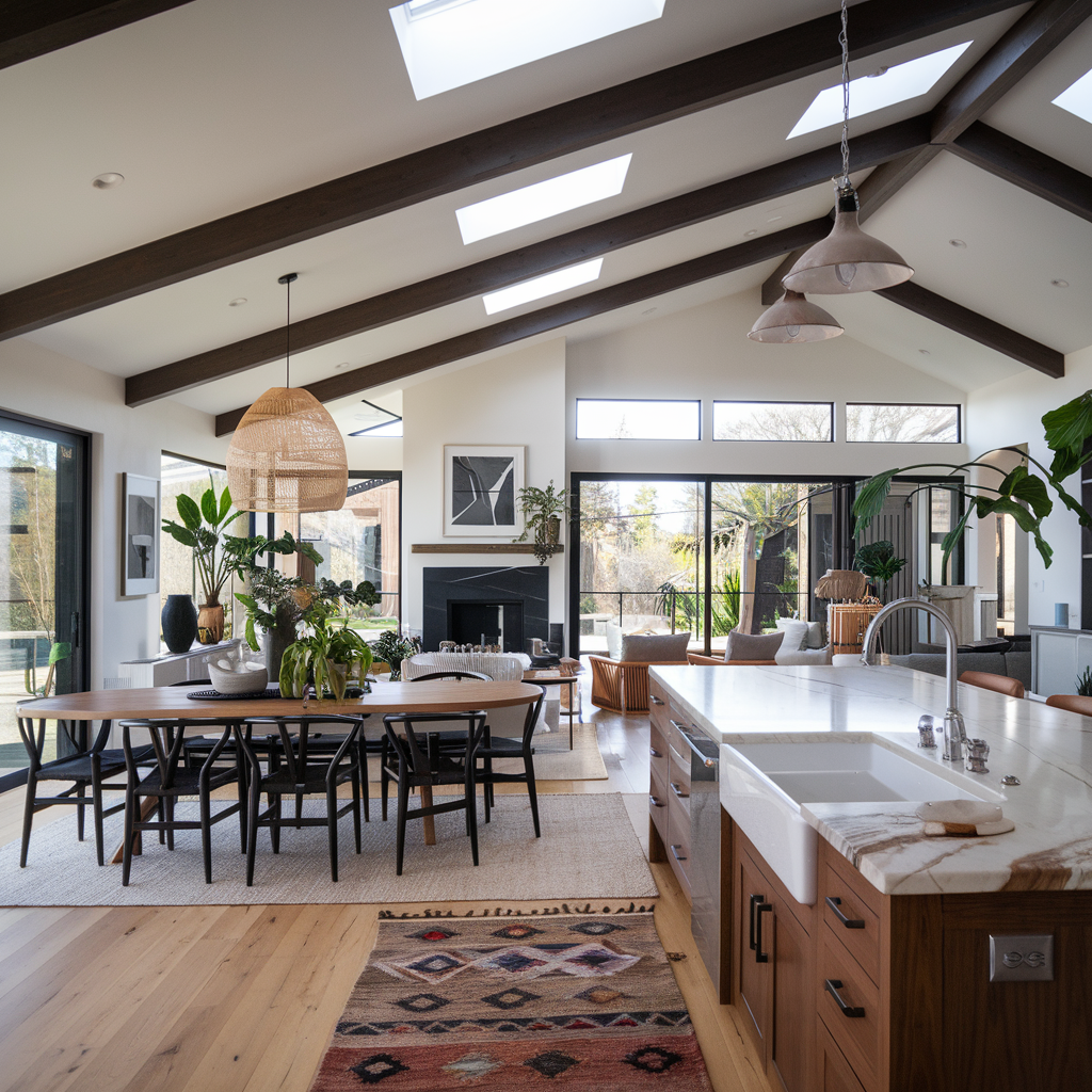 Modern open-concept kitchen and dining area with vaulted ceiling, large windows, skylights, wooden beams, and indoor plants. Features a marble island, wooden table, and pendant lights.