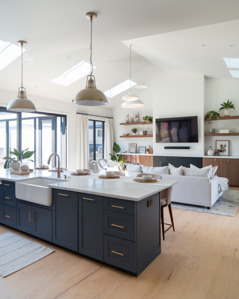 Modern open-concept kitchen and living room with skylights, dark blue kitchen island, white countertops, pendant lights, and a wall-mounted TV above a light gray sofa.