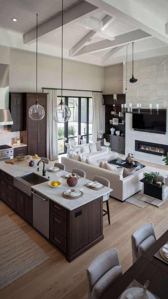 Modern open-concept living and kitchen area with dark wood cabinets, white countertops, a large white sectional sofa, fireplace, and pendant lights.