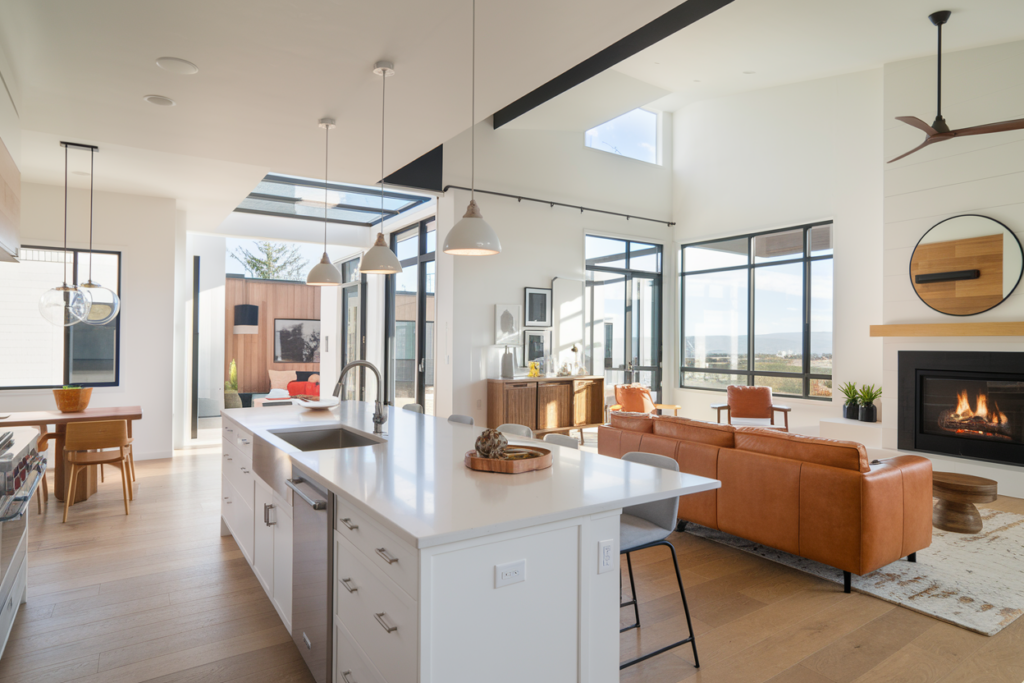 Modern open-concept living area with kitchen island, dining table, and brown leather sofa near a fireplace. Large windows provide natural light.