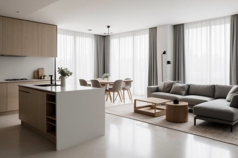 Modern open-concept living room and kitchen with light wood cabinets, grey sofa, round coffee table, dining table, and large windows with sheer curtains.