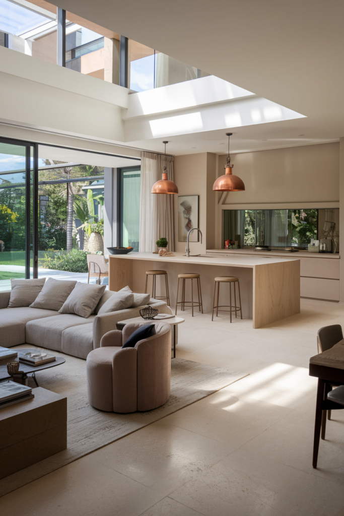 Modern open-plan living area with large skylight. Features a beige sofa, armchair, kitchen island with stools, and copper pendant lights. Glass doors lead to a garden with greenery.