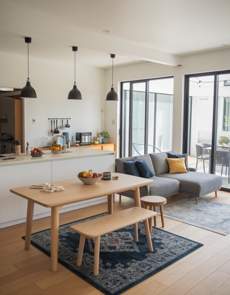 Modern open-plan living room and kitchen with light wood furniture, gray sofa, blue rug, and black pendant lights. Large windows bring in sunlight.