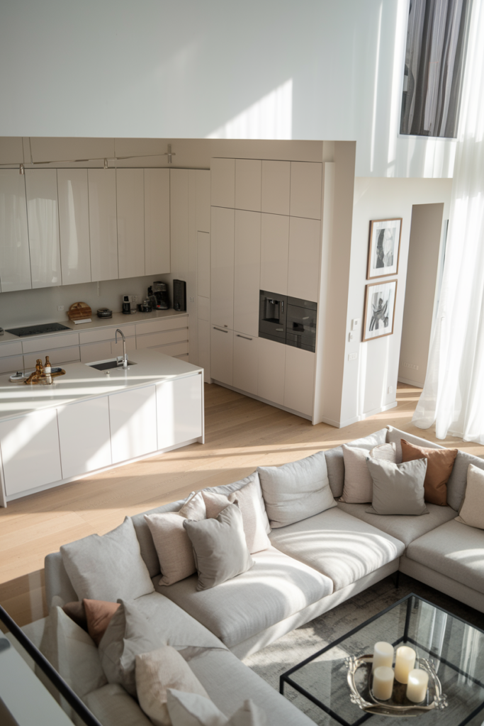 Modern open-plan living room and kitchen with neutral tones. Features white cabinetry, island with sink, L-shaped sofa, glass coffee table, and tall windows with sheer curtains.