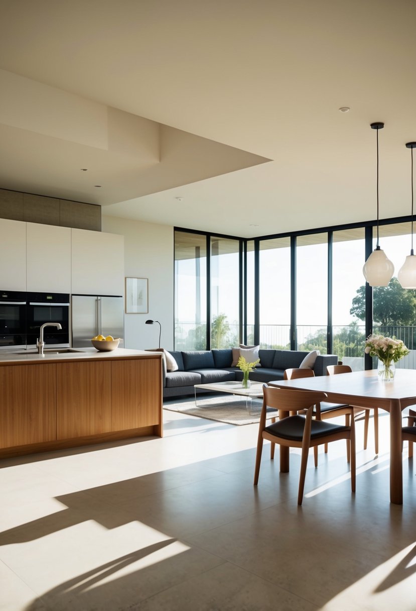 A spacious, sunlit room with sleek teak furniture, clean lines, and a seamless flow between the kitchen and living areas