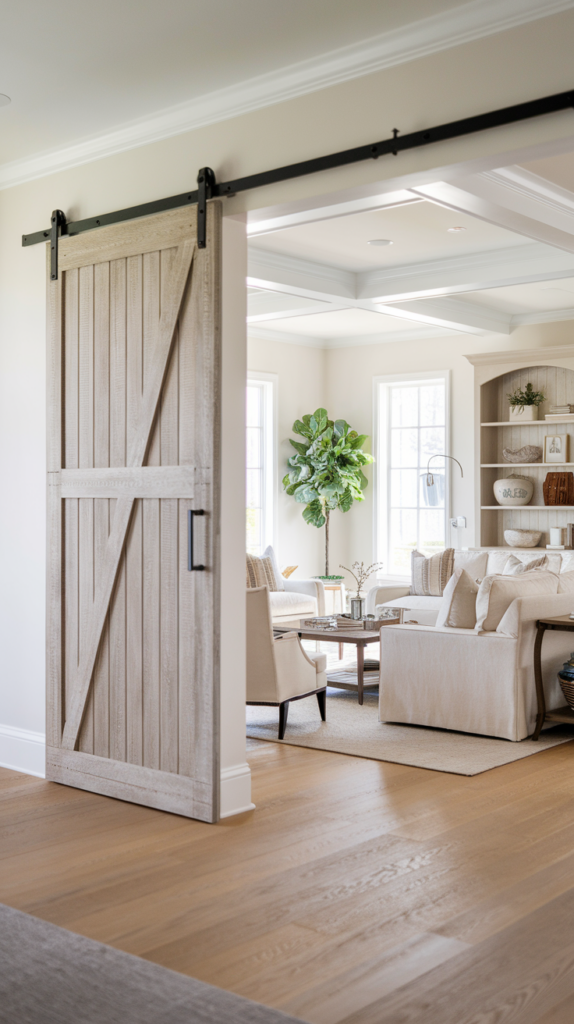 Sliding barn door opens to a living room with beige sofas, a wooden coffee table, and a large plant by the window. Shelving unit in the corner, with books and decor items.