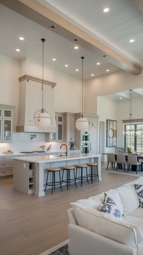 Spacious modern kitchen with white cabinets, large island with barstools, hanging pendant lights, and open view into a dining area. White sofa with patterned pillows in the foreground.