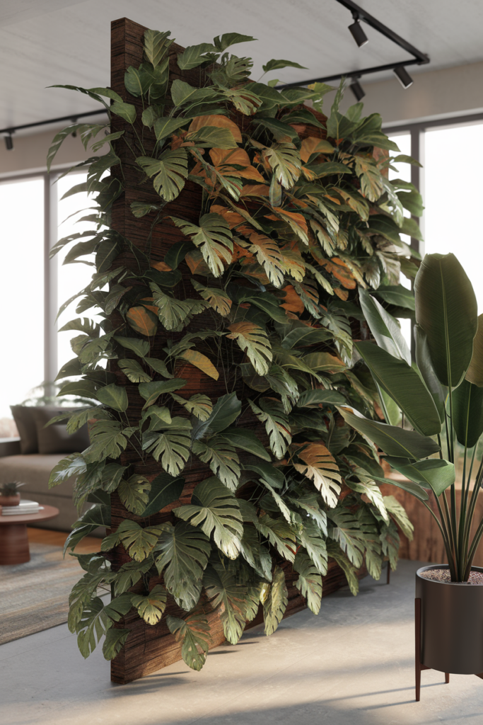 Vertical indoor planter with lush green leaves dividing a modern living space with natural light.