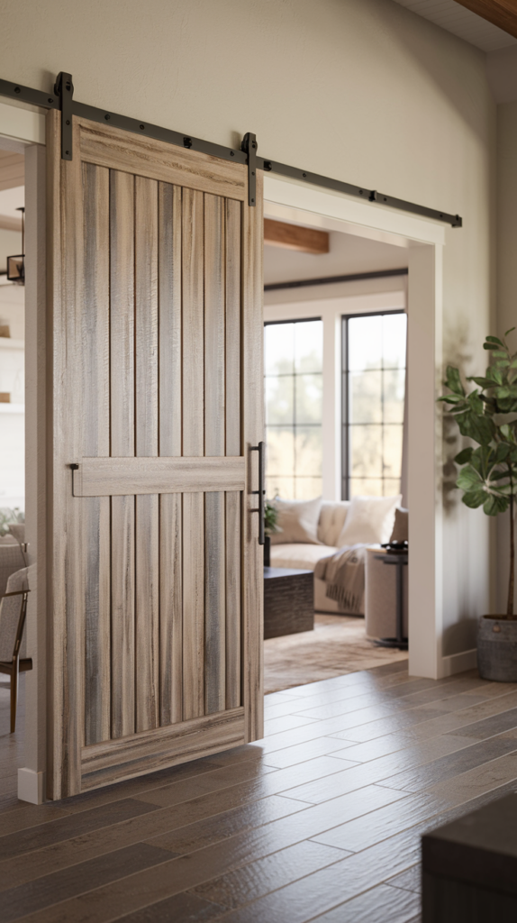 Wooden sliding barn door partially open, leading to a bright living room with a sofa, large windows, and a potted plant. Natural light fills the room.