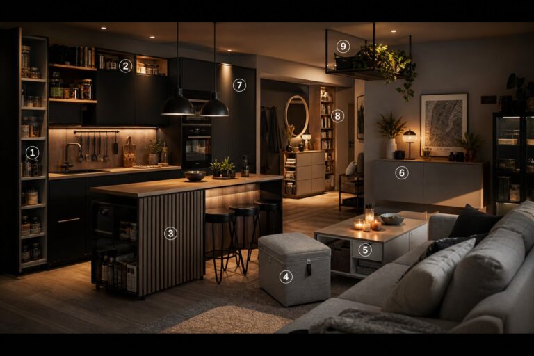 A modern open-plan kitchen and living room with dark cabinets, a wooden island, pendant lights, indoor plants, and cozy seating, softly lit for a warm ambiance.
