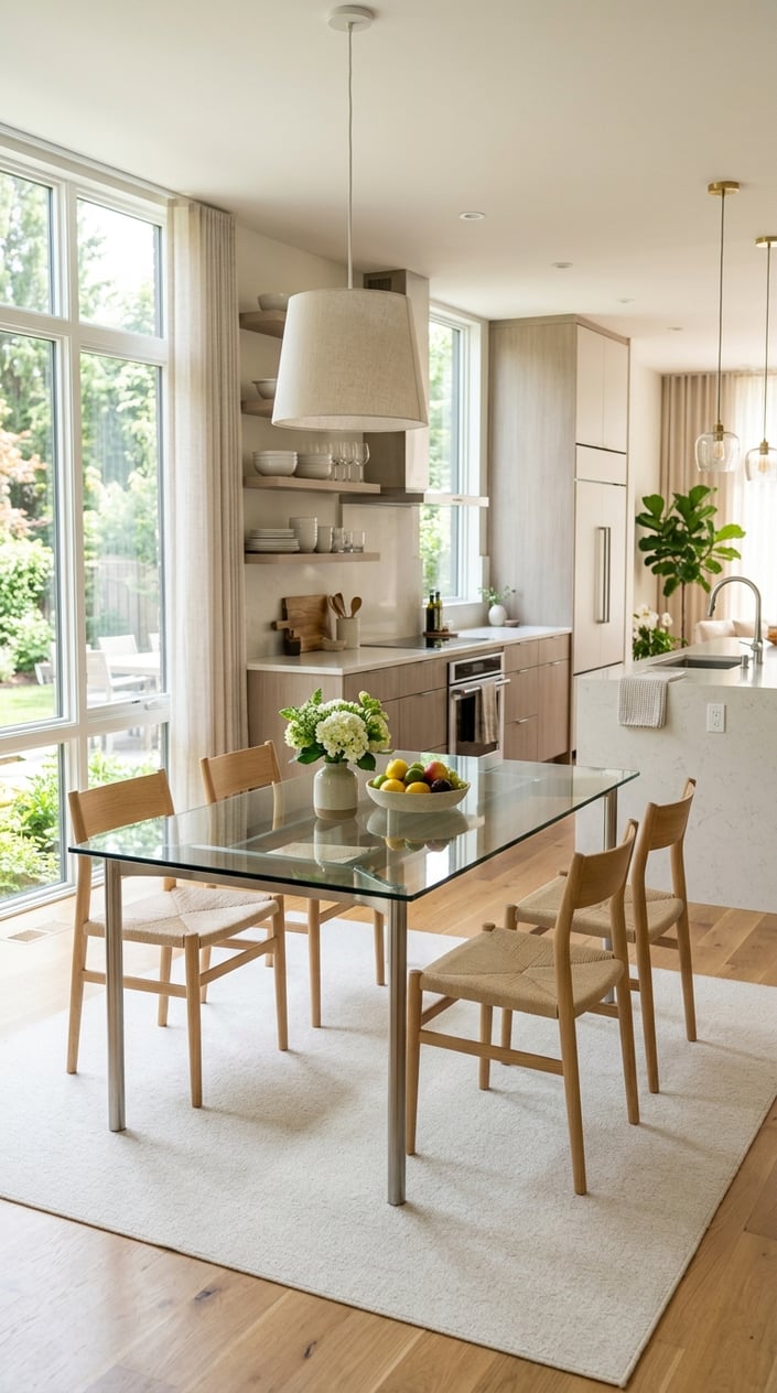 A bright kitchen with a glass-top table and slender-legged chairs surrounded by modern kitchen furnishings.