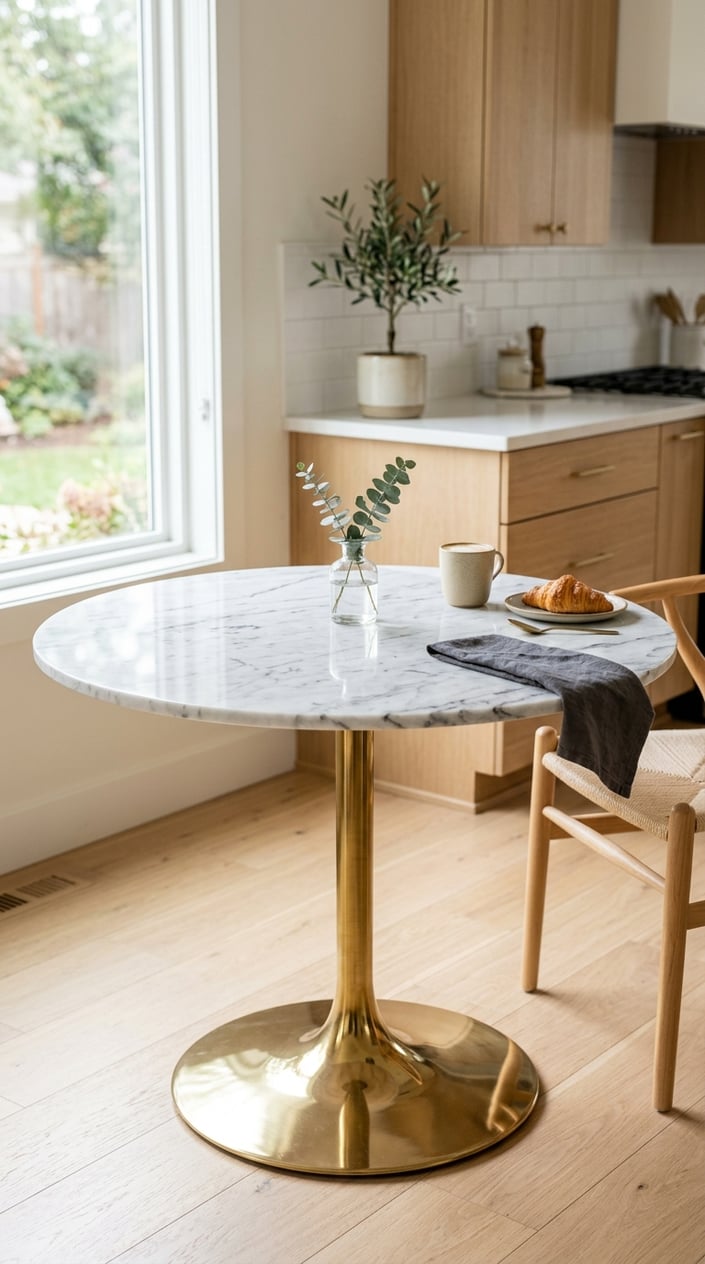 Marble-top bistro table with brass pedestal base in a bright kitchen setting.