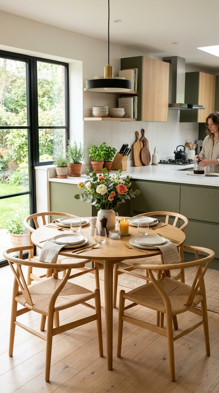 A modern kitchen with a neatly set table, fresh flowers, and natural light coming through large windows.