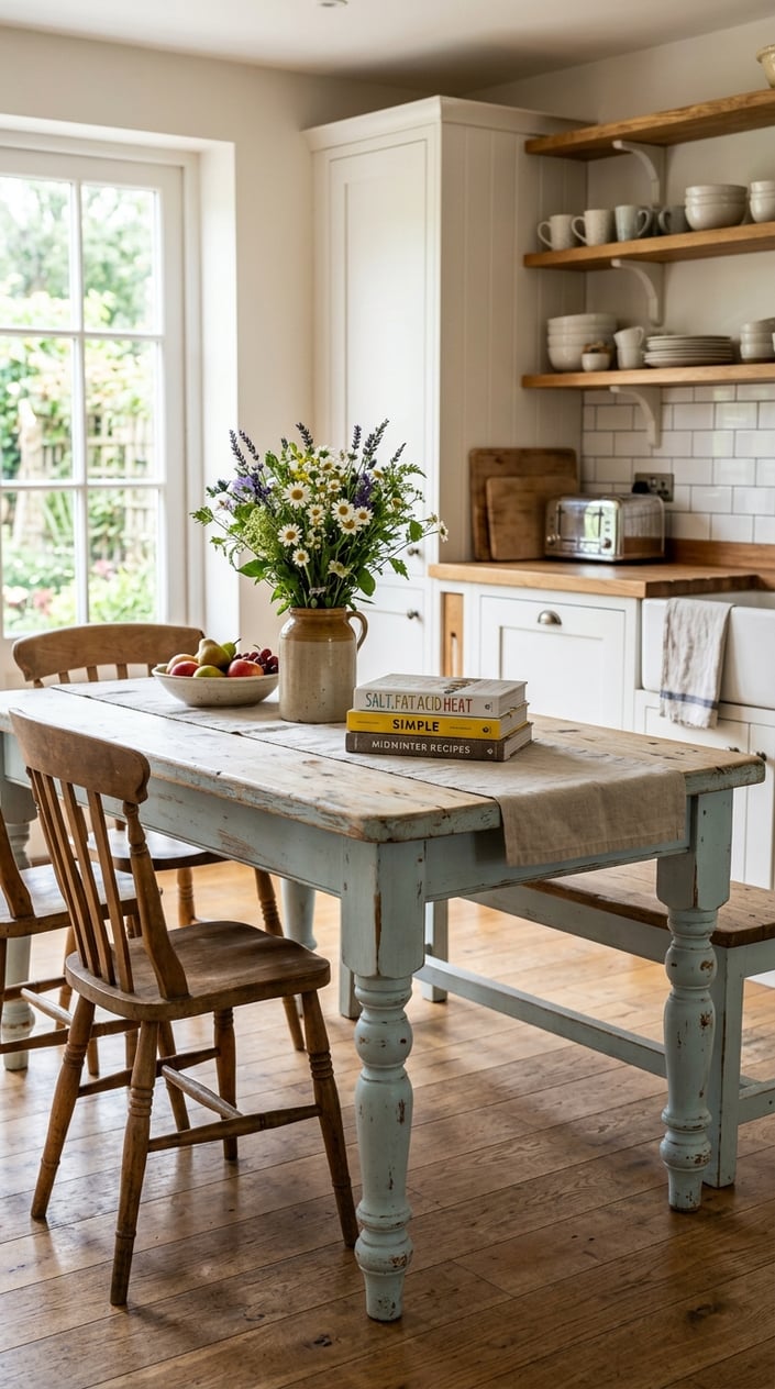 A vintage painted pine farmhouse table with turned legs in a bright kitchen, decorated with fresh flowers and fruit.