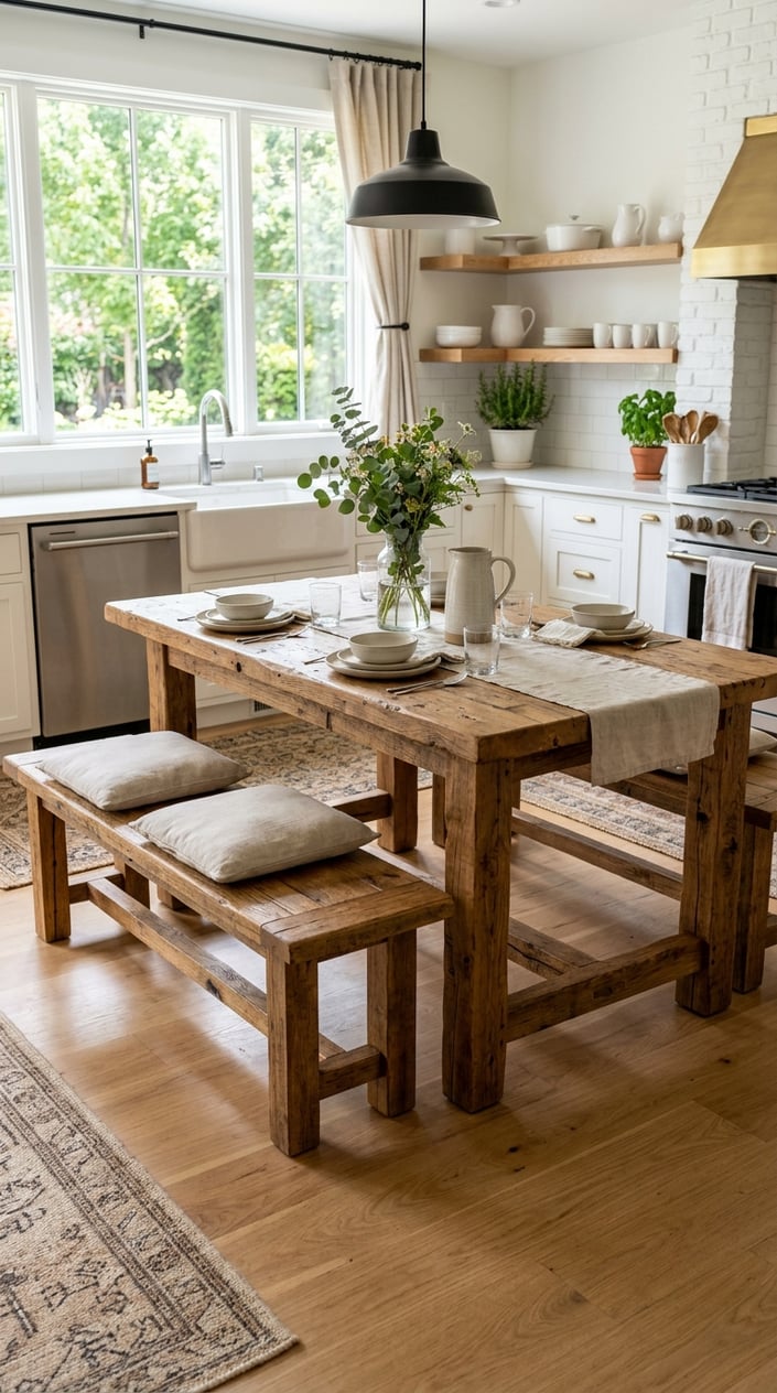 A wooden dining table with bench seating in a bright kitchen with natural light and plants.
