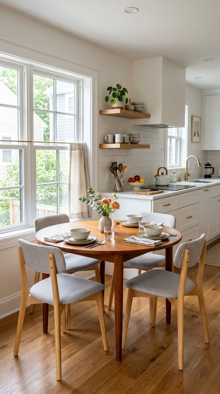 A small kitchen with a round wooden dining table and chairs, bright natural light, and clean countertops.