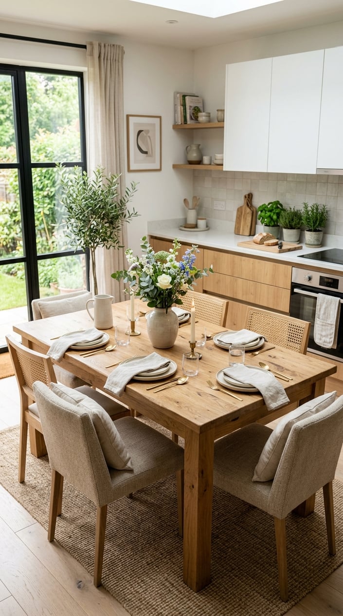 A modern kitchen with a wooden table set with flowers and tableware, surrounded by chairs and natural light coming through large windows.