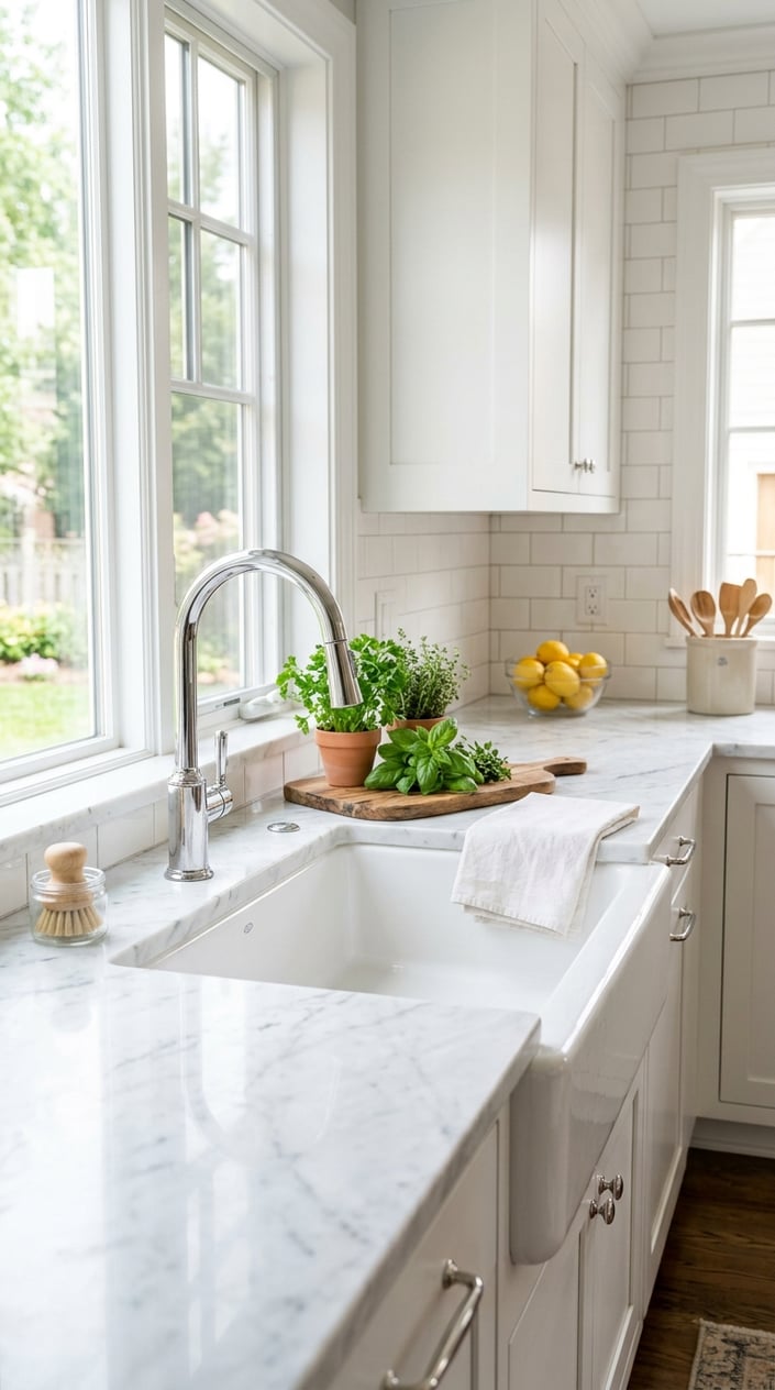 A white kitchen with a ceramic undermount sink set in a marble countertop, surrounded by white cabinets and kitchen accessories.