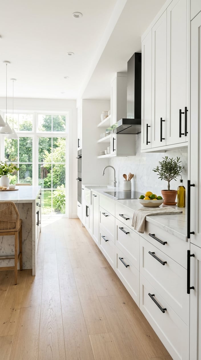 Bright white kitchen with sleek cabinets featuring black brass T-bar handles and natural light coming through large windows.