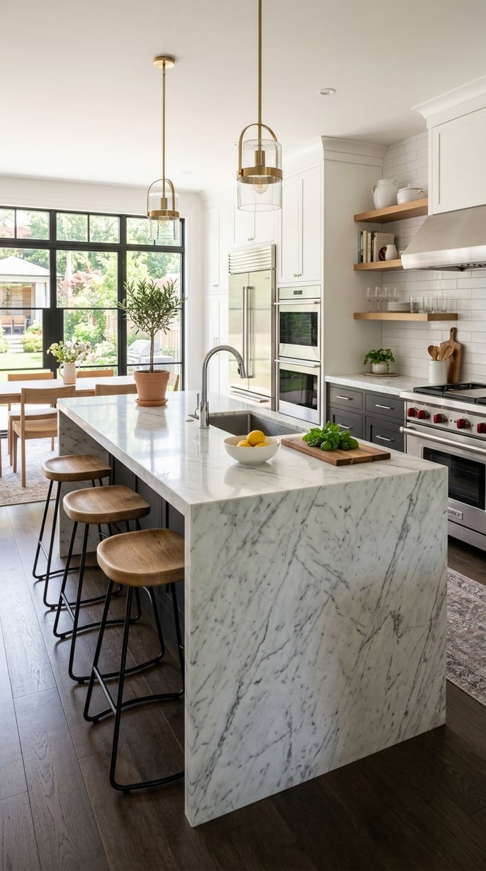 A bright kitchen with a large white marble island and white cabinets, bathed in natural light.