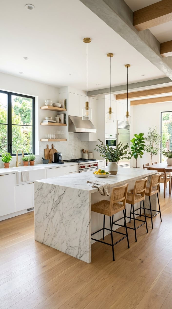 A bright white kitchen with a large marble island, white cabinets, stainless steel appliances, and natural light coming through windows.