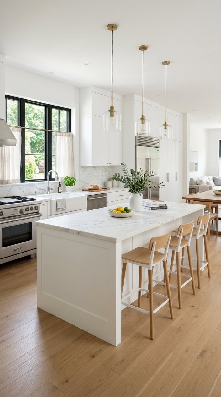 A bright, spacious white kitchen with a large island, modern appliances, and natural light coming through a window.