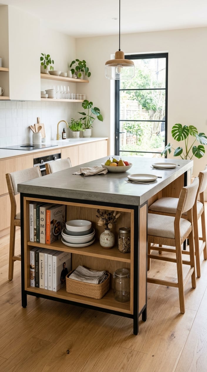 A kitchen with a rectangular concrete-top table featuring a built-in storage shelf holding kitchen items, surrounded by chairs and natural light.