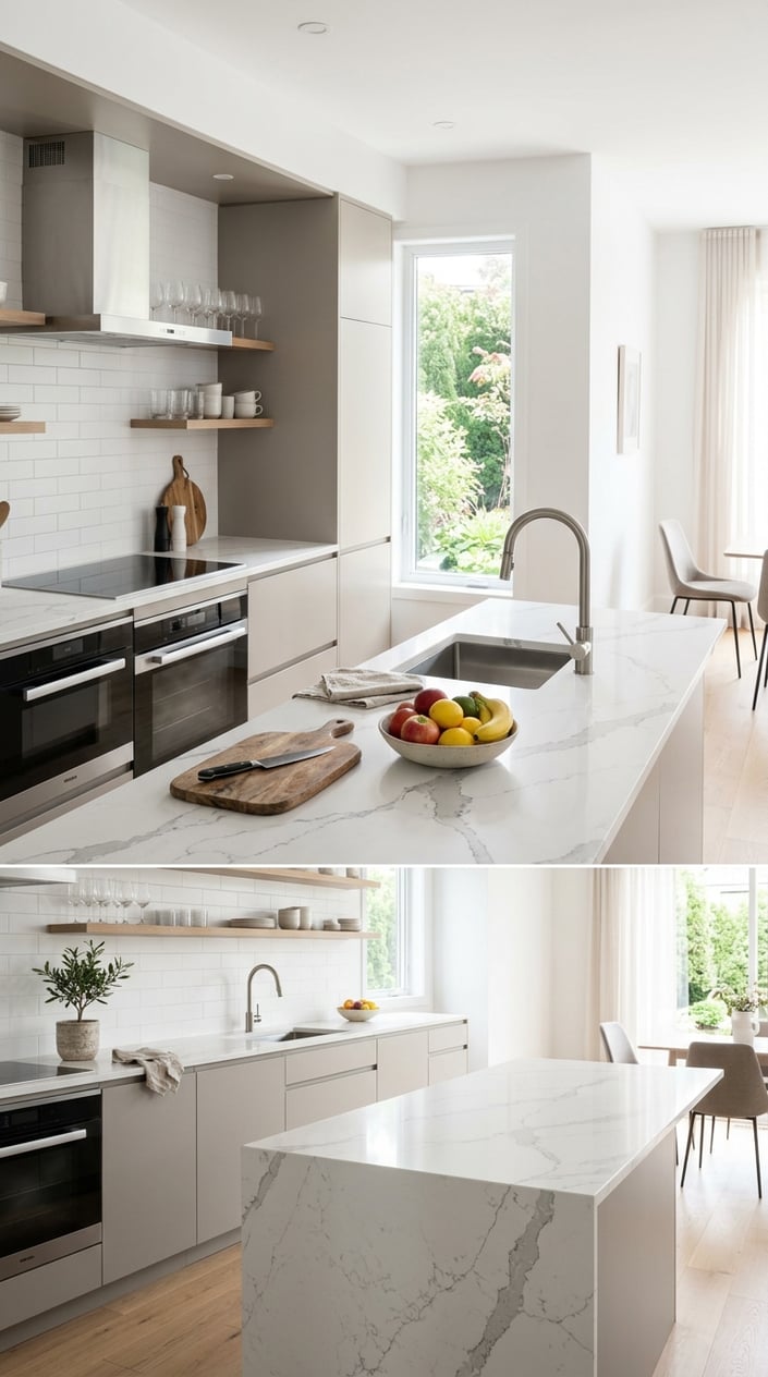 Bright modern kitchen with grey veined quartz composite countertops, white cabinetry, and stainless steel appliances.