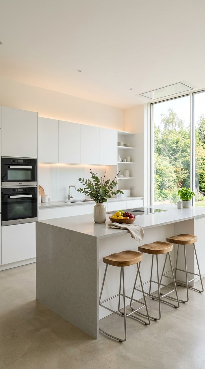 Bright kitchen with matte white handleless cabinets, a central island, and natural light coming through large windows.