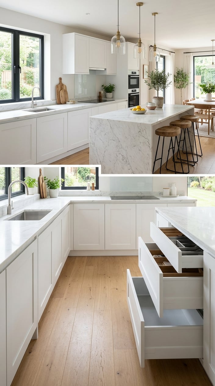Modern kitchen with white cabinets, marble countertops, open drawers, bar stools, pendant lights, wood flooring, and large windows showing greenery outside.