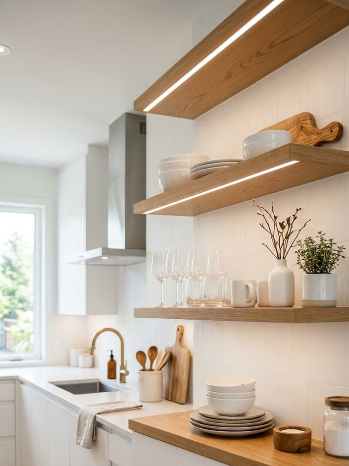 Modern kitchen with white cabinets, wooden shelves holding dishes and glasses, and minimalist decor. Natural light enters through a window, highlighting clean surfaces and organized space.