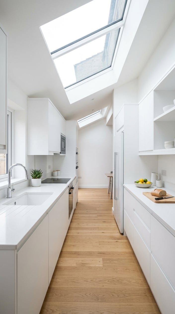 An all-white galley kitchen with a skylight above, featuring white cabinets, countertops, and natural light filling the space.
