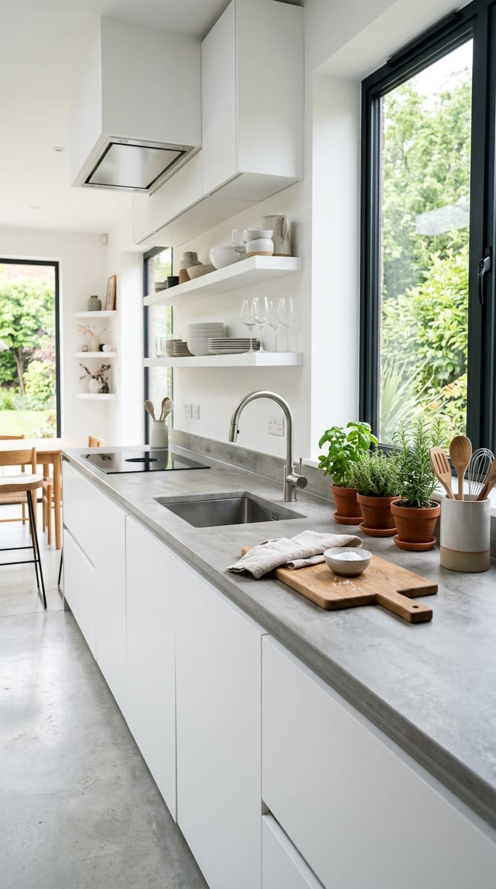 Bright white kitchen with a concrete-effect porcelain worktop, white cabinets, and natural light coming through large windows.